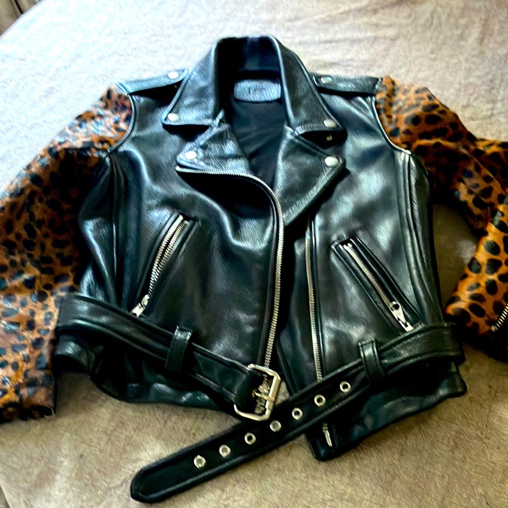 . S black calf skin leather jacket w/leopard print faux fur above wrist sleeves